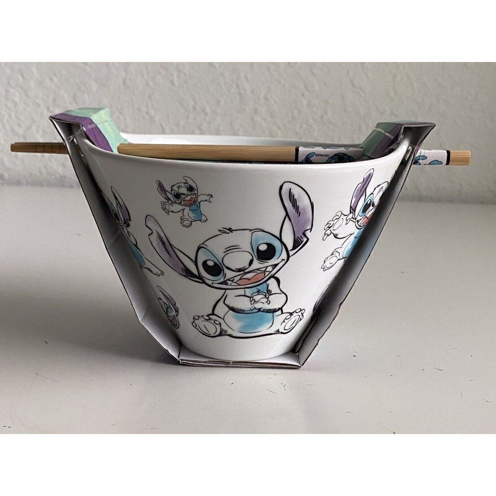 Disney Lilo Stitch Tossed Ramen Noodle Pasta Bowl With Chopsticks Poses NEW